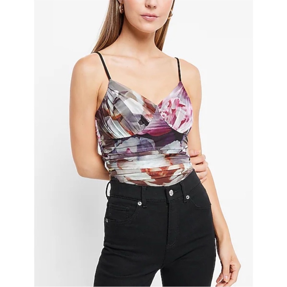 NWOT Express Body Contour Floral Mesh Cami Thong Bodysuit With Removable Cups
